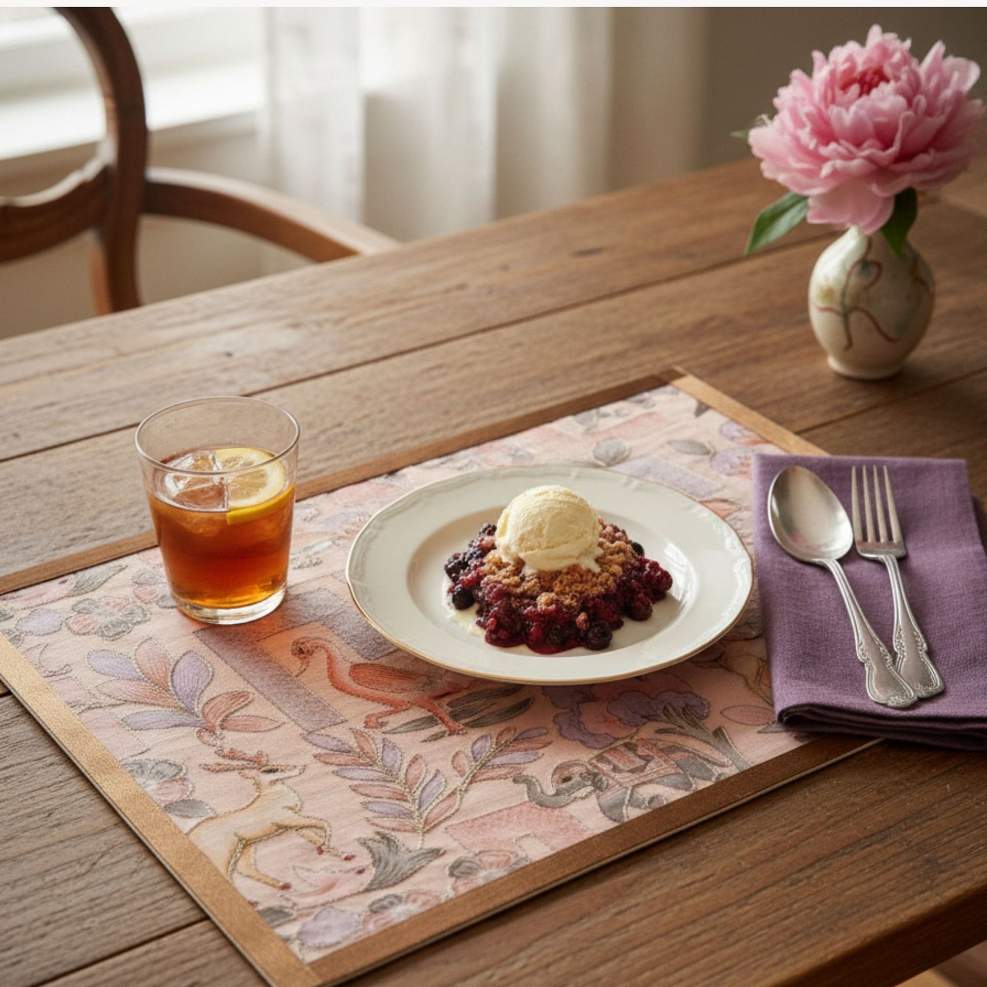 embroidery pink table mat on dining table