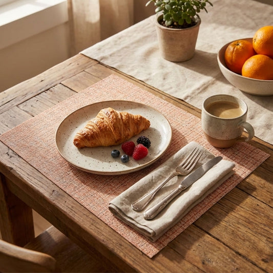 tight pink woven table mat on a dining table