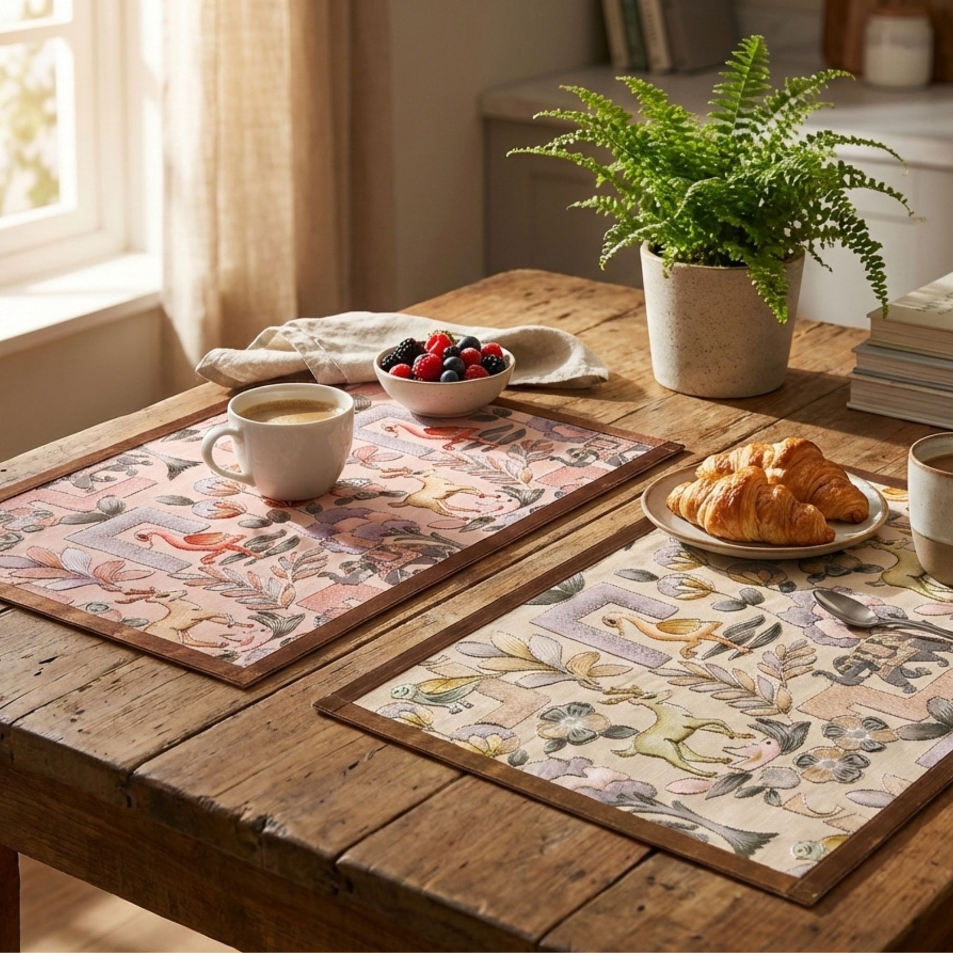 embroidery green and pink table mats on dining table