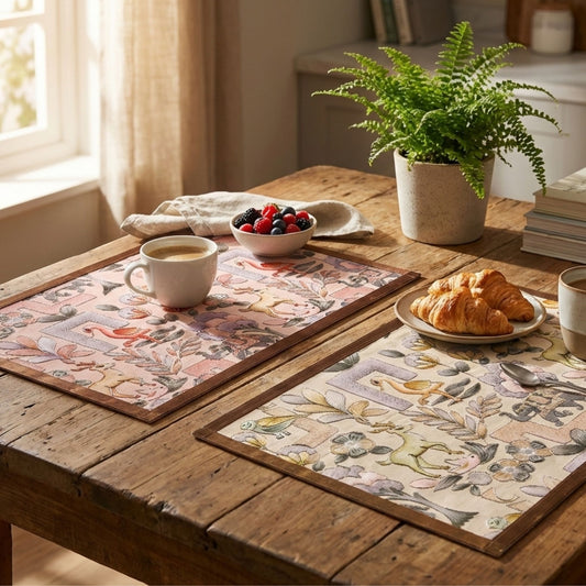 embroidery green and pink table mats on dining table