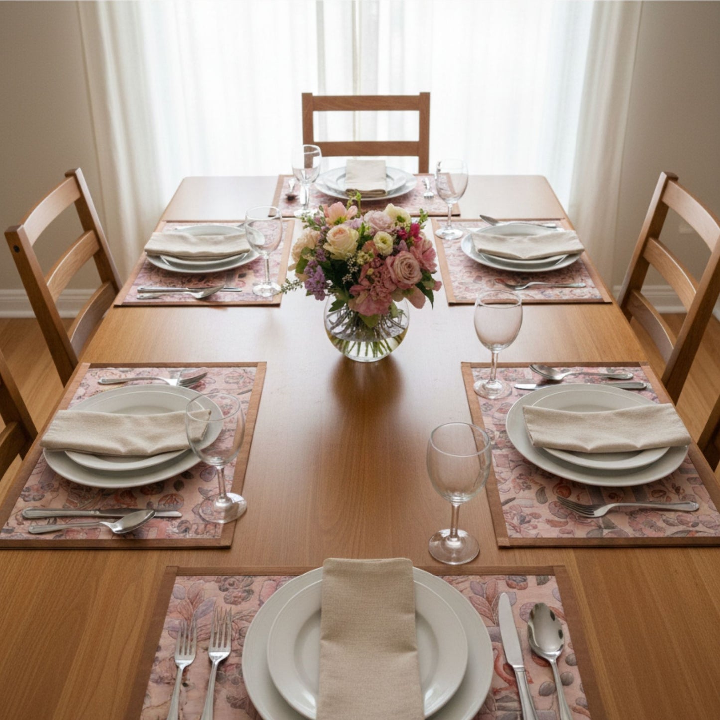 embroidery pink table mat on dining table set of 6