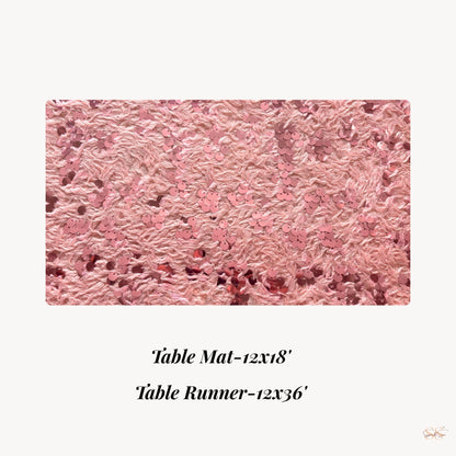 Pink textured table mat or runner with dimensions on a white background