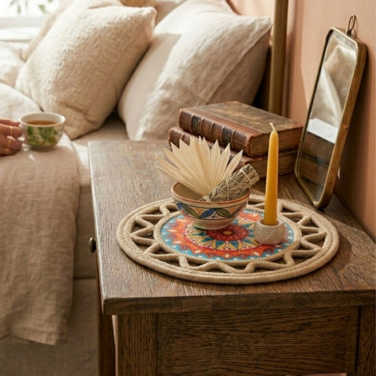 Round cotton decorative side mat with mandala pattern styled on bedside table with books and mirror