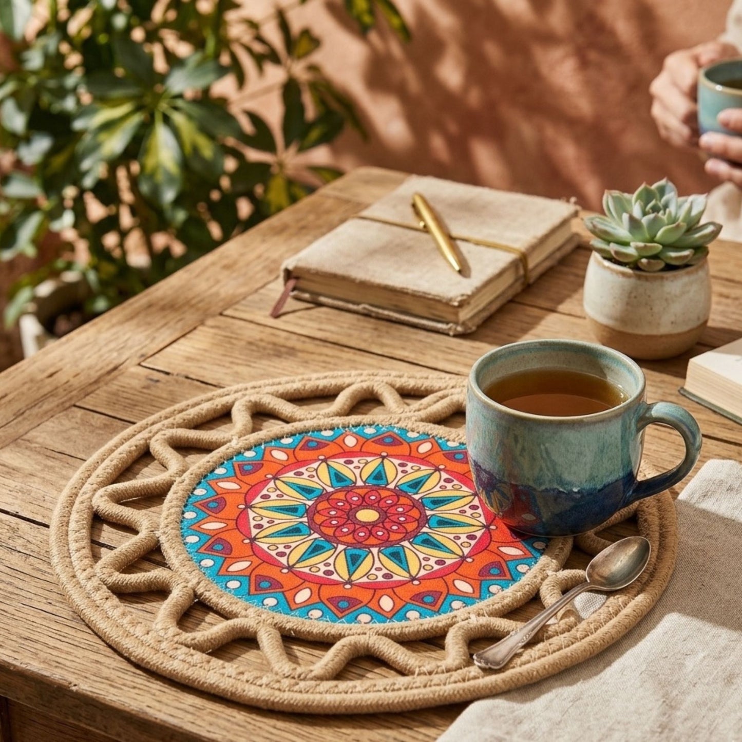 Round cotton side mat set of 2 with mandala print styled with candle and bowl on wooden bedside table