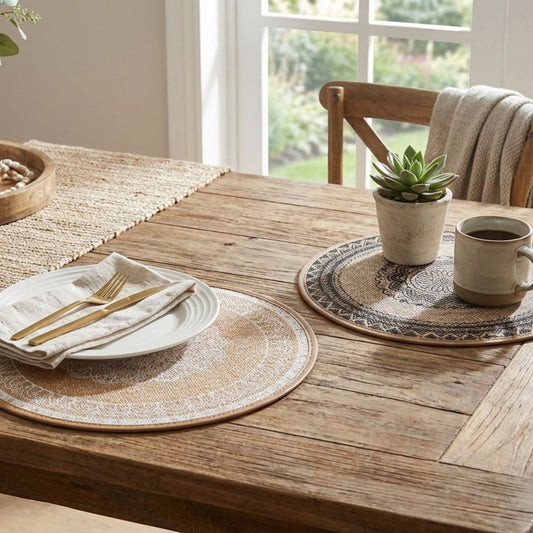Round woven placemats on a wooden surface.