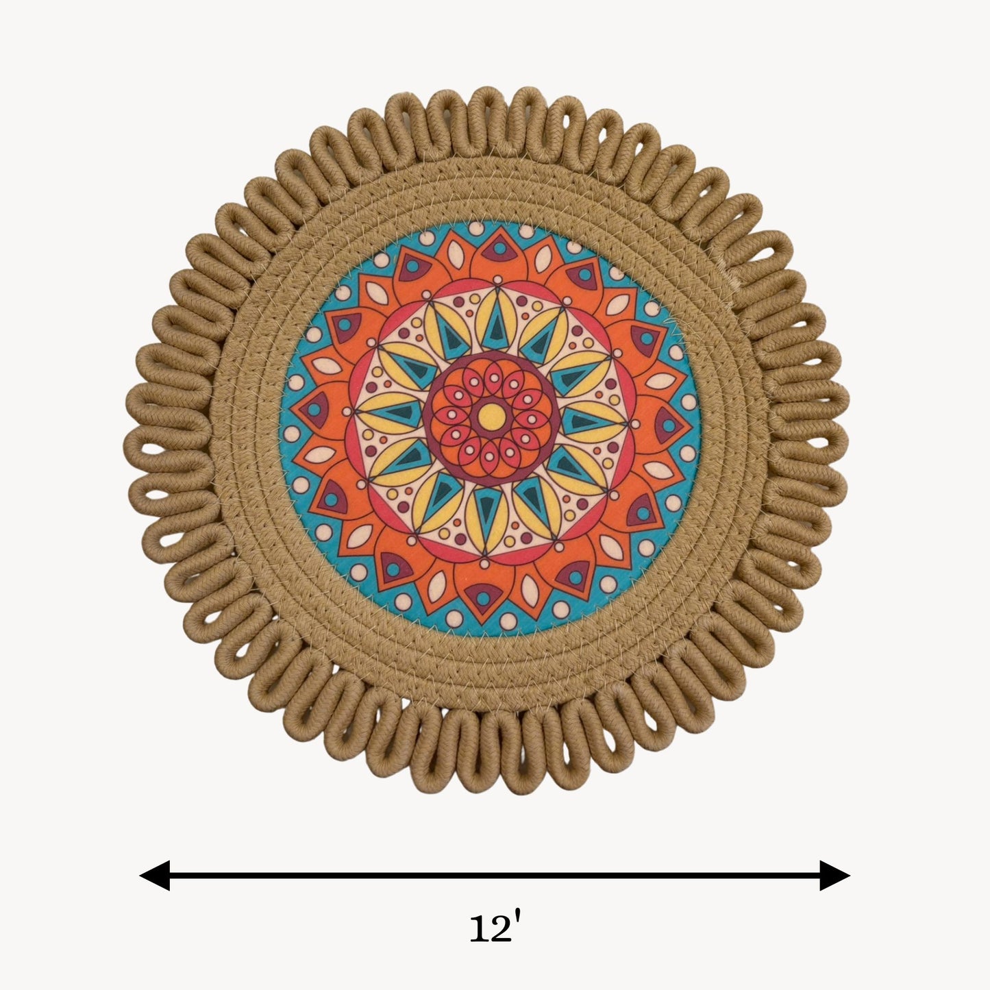 Beige round cotton side mat abstract print placemat with braided loop edge 12 inch dining table mat