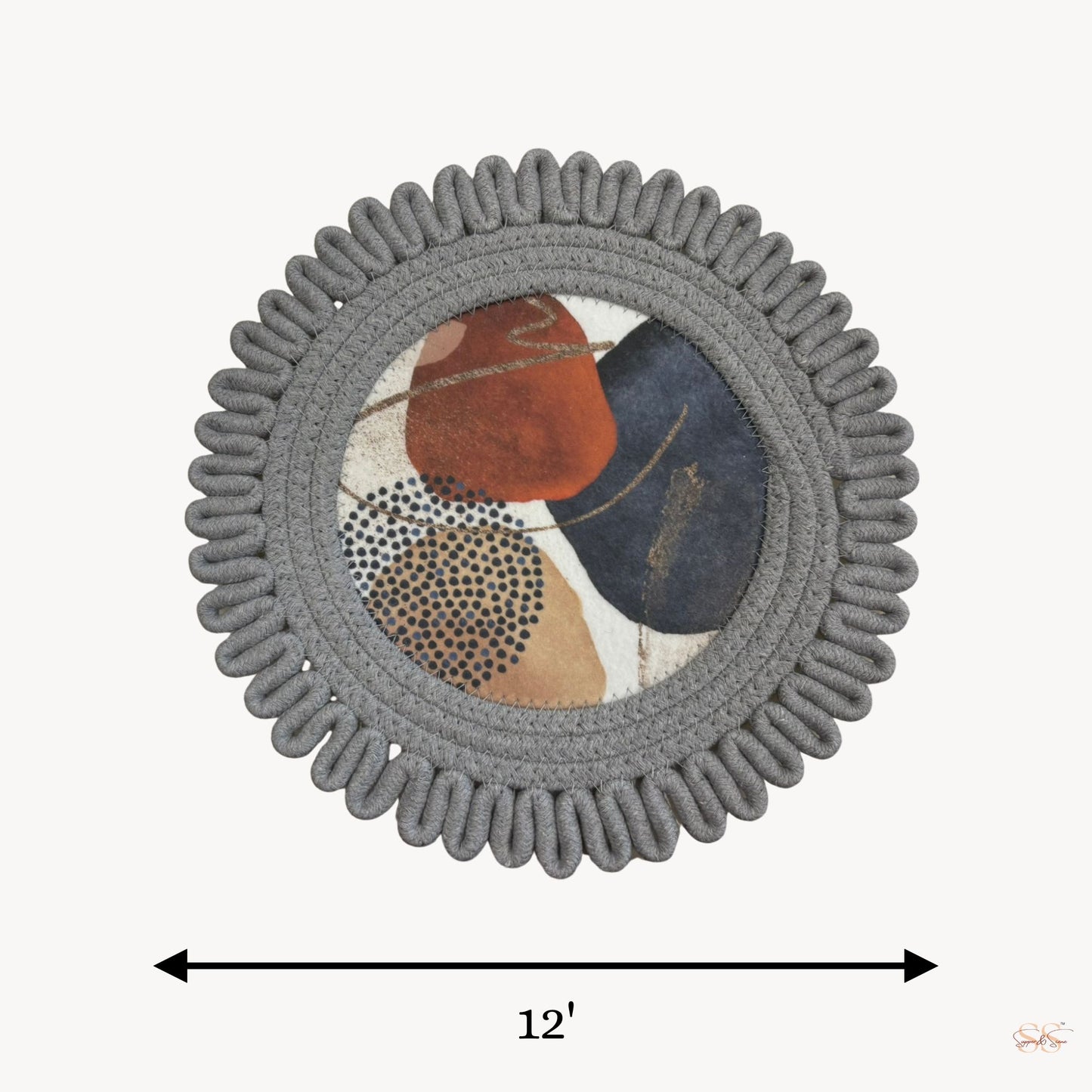 Grey round cotton side mat abstract printed placemat with braided loop border 12 inch table mat