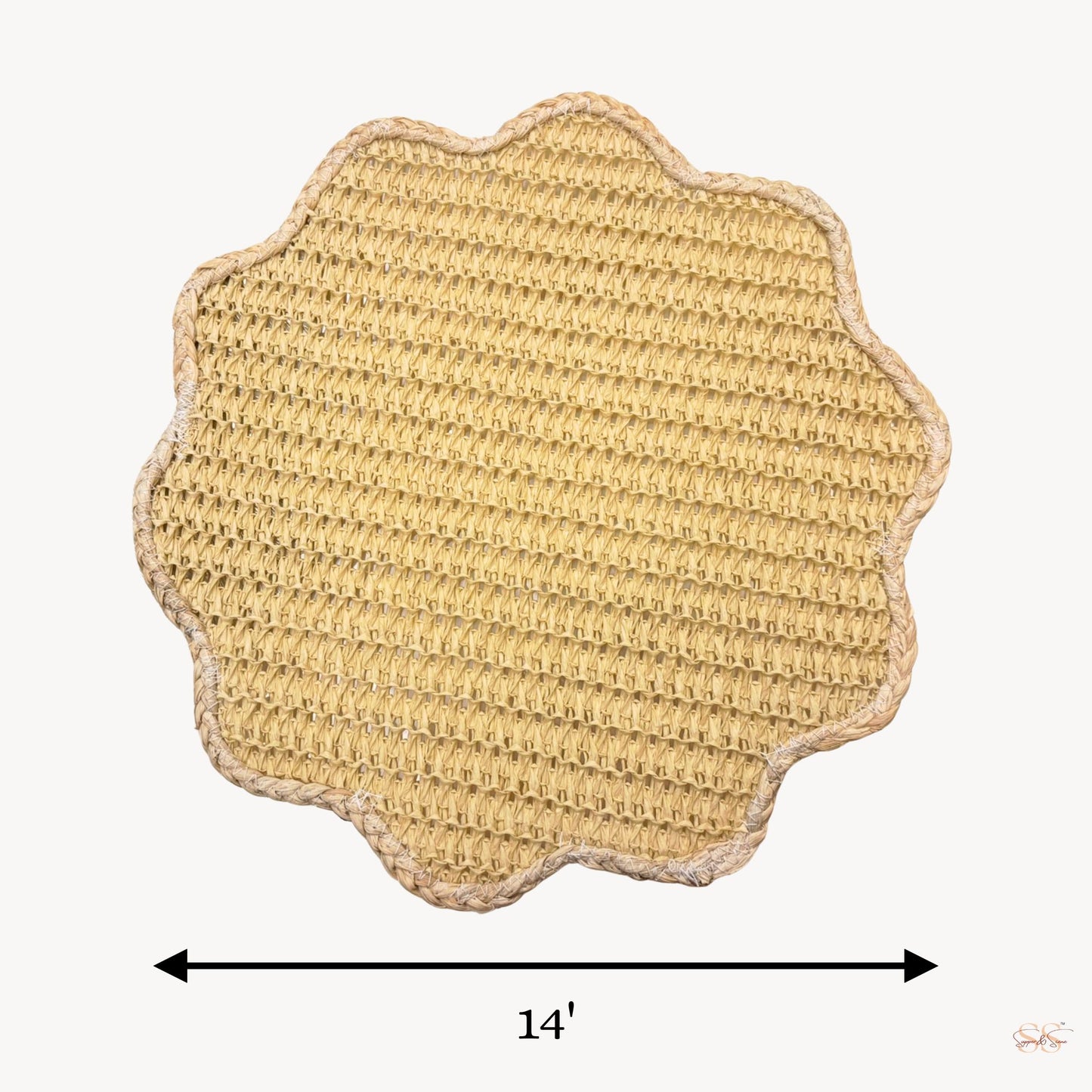 Round natural beige jute side mat 14 inch woven placemat with scalloped edge