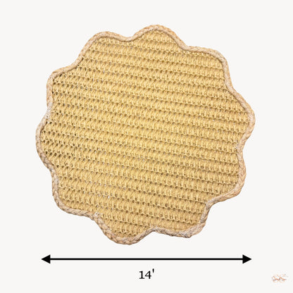 Round natural beige jute side mat 14 inch woven placemat with scalloped edge