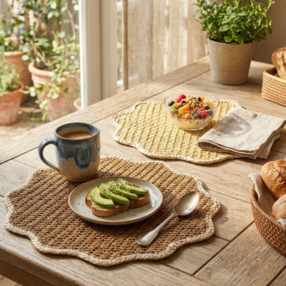 Round jute side mats set of 2 natural woven placemats styled on wooden dining table