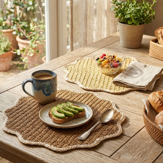 Round jute side mats set of 2 natural woven placemats styled on wooden dining table