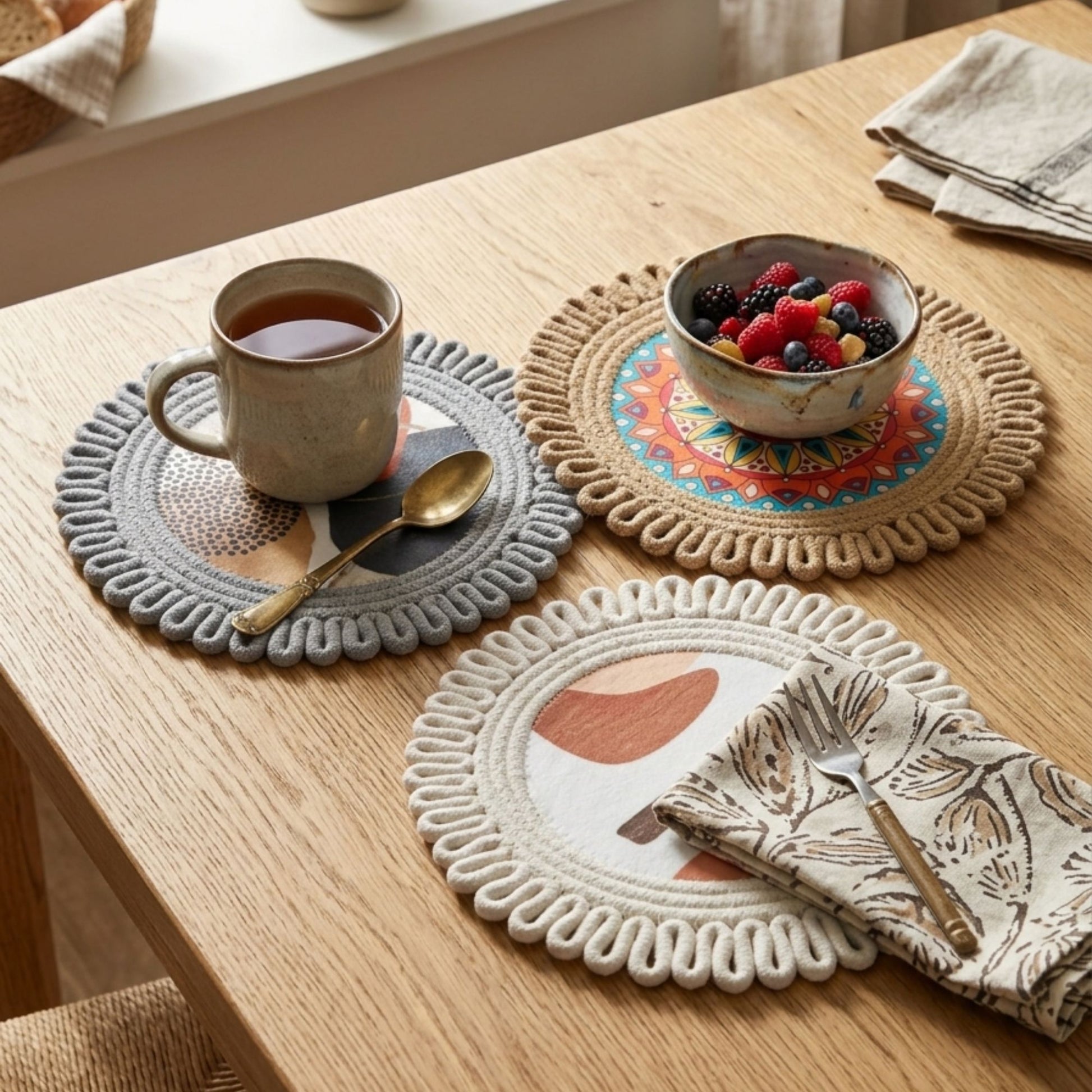 Round cotton placemats set of 2 with abstract design styled on wooden dining table table decor mats