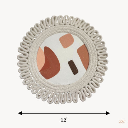 Round cotton side mat white abstract print 12 inch placemat with braided loop border table styling mat