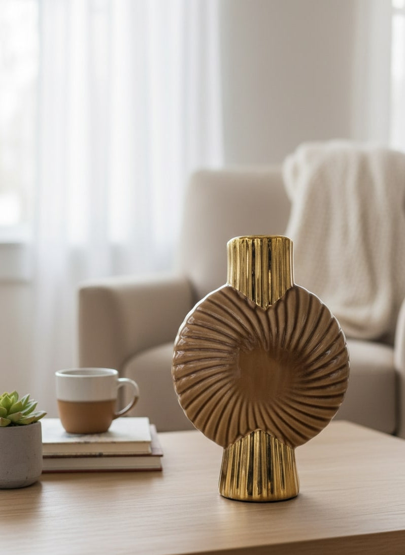 decorative gold vase on a coffee table with a blurred living room background by supper and scene
