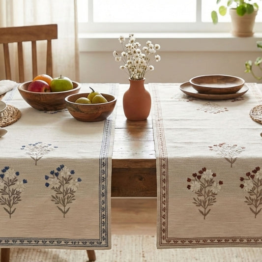 short blue and brown embroidery table runner