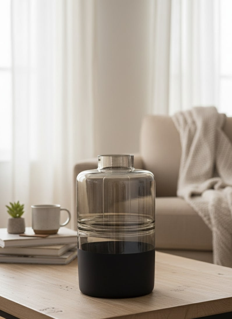 Clear glass vase with black base on a wooden table in a living room setting