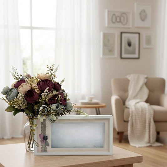Bouquet of flowers on a table with a blurred living room background by supper and scene.