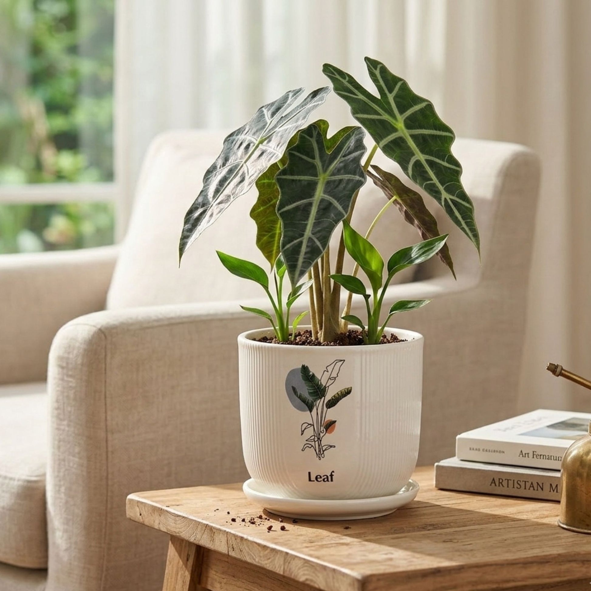 White ceramic leaf planter with indoor plant on wooden table modern botanical plant pot home decor