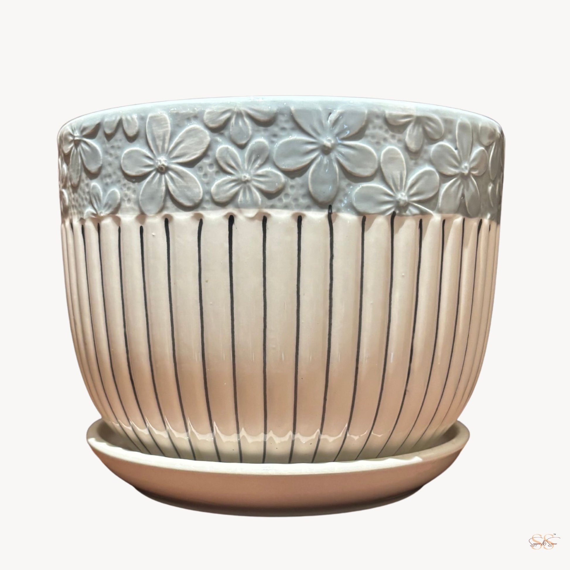 Grey floral textured ceramic indoor planter with tray decorative plant pot for succulents and small plants