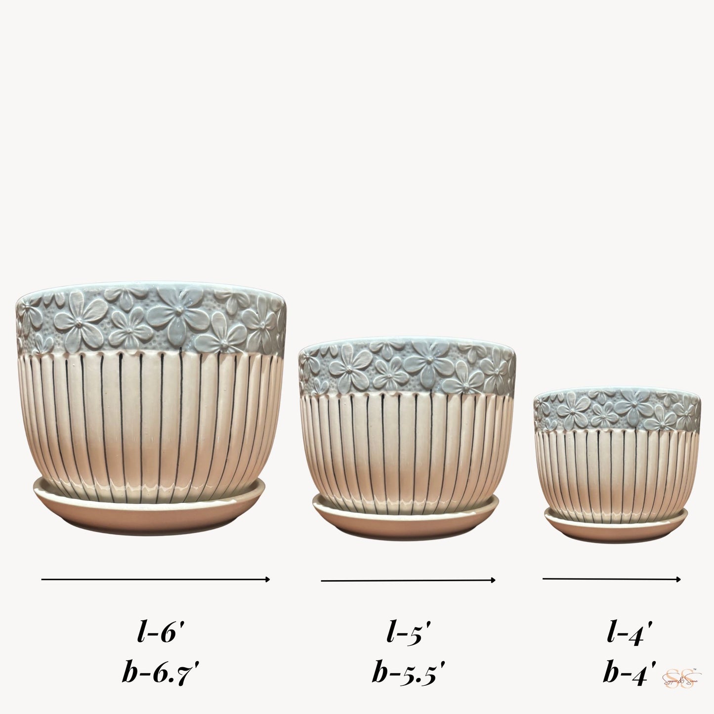 Grey floral textured ceramic planter set of 3 indoor plant pots with trays in 4 inch 5 inch and 6 inch sizes
