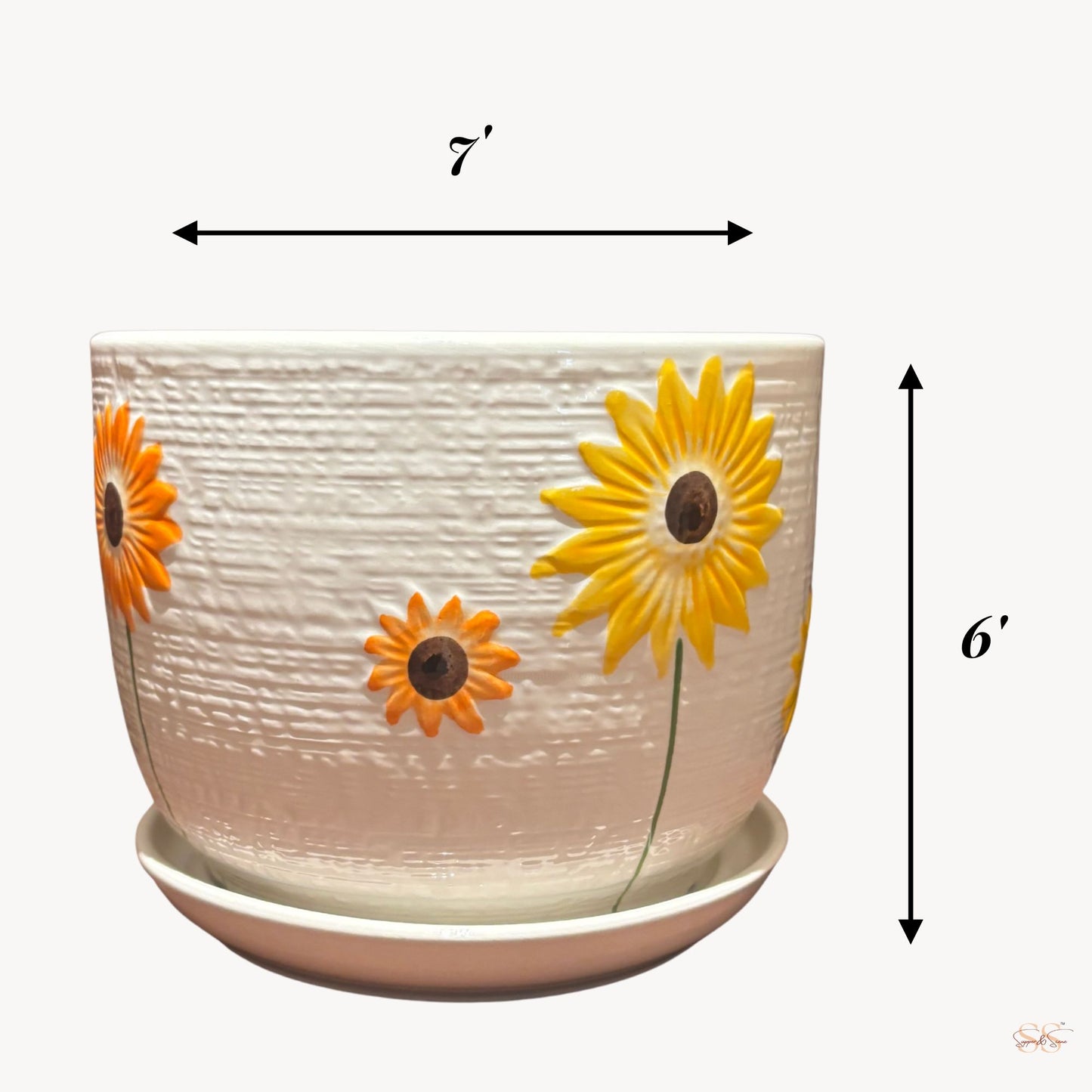 Sunflower textured ceramic planter with drainage tray 7 inch width 6 inch height indoor flower pot for small plants