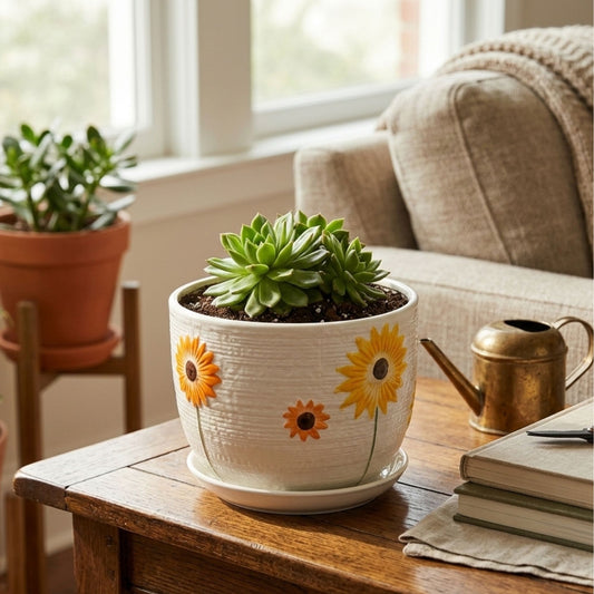 Sunflower ceramic planter with succulent plant on wooden table – textured indoor flower pot with decorative floral design