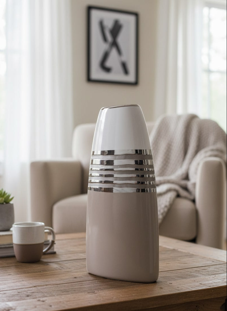 Decorative vase on a wooden table in a living room setting