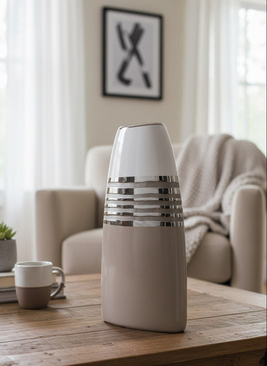 Decorative vase on a wooden table in a living room setting