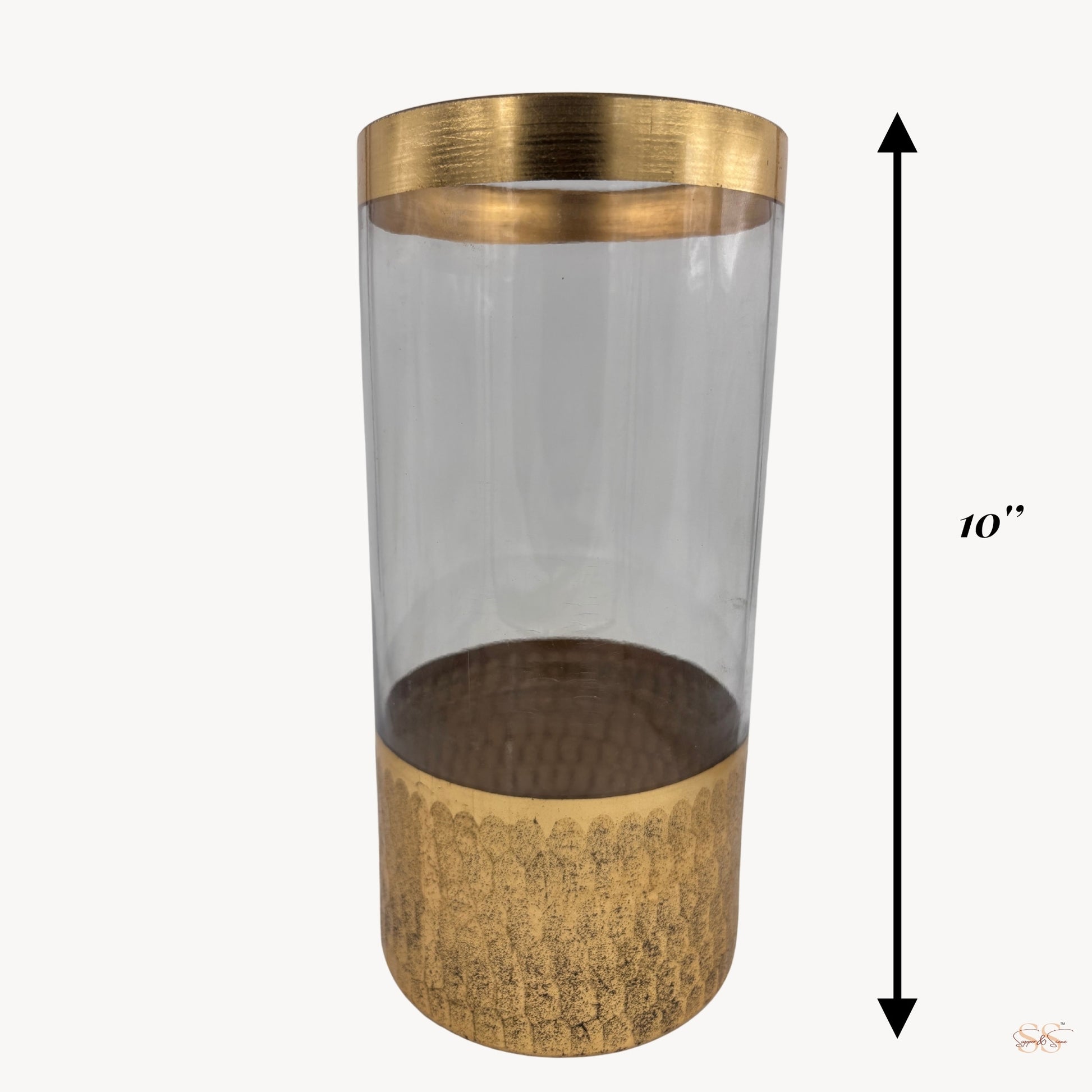 Front view of a cylindrical clear glass vase featuring a hammered gold bottom and smooth transparent upper half, 10-inch , by Supper and Scene.