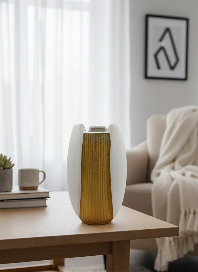 Decorative vase on a coffee table in a living room setting by supper and scene