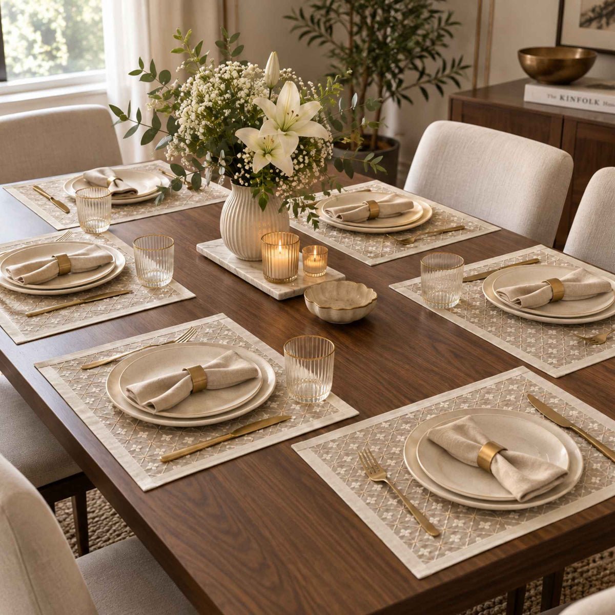 White laminated placemat set of 6 for an elegant dining table setting by Supper & Scene.