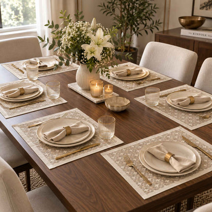 White laminated placemat set of 6 for an elegant dining table setting by Supper & Scene.