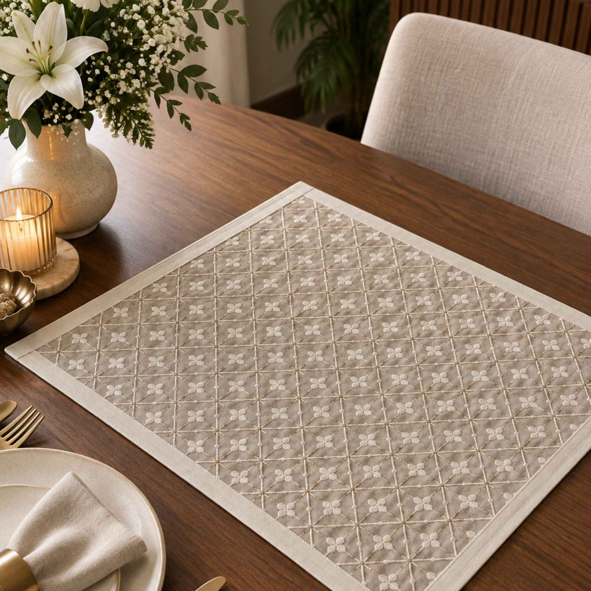 White laminated placemat set of 6 styled on a dining table by Supper & Scene.