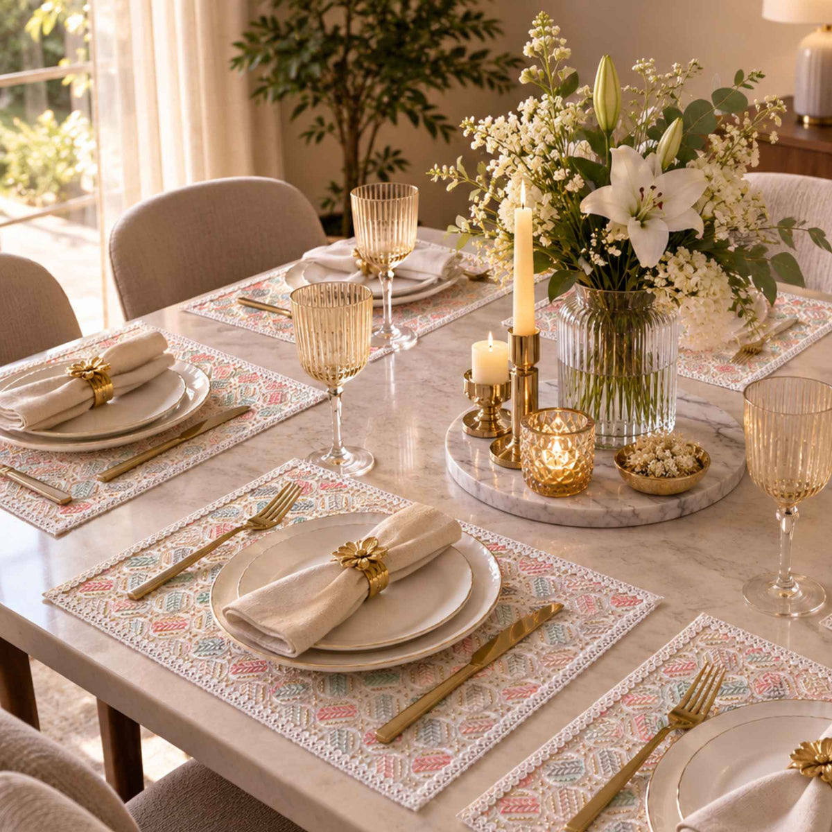 White laminated table mat set of 6 arranged for an elegant dining table setting by Supper & Scene.