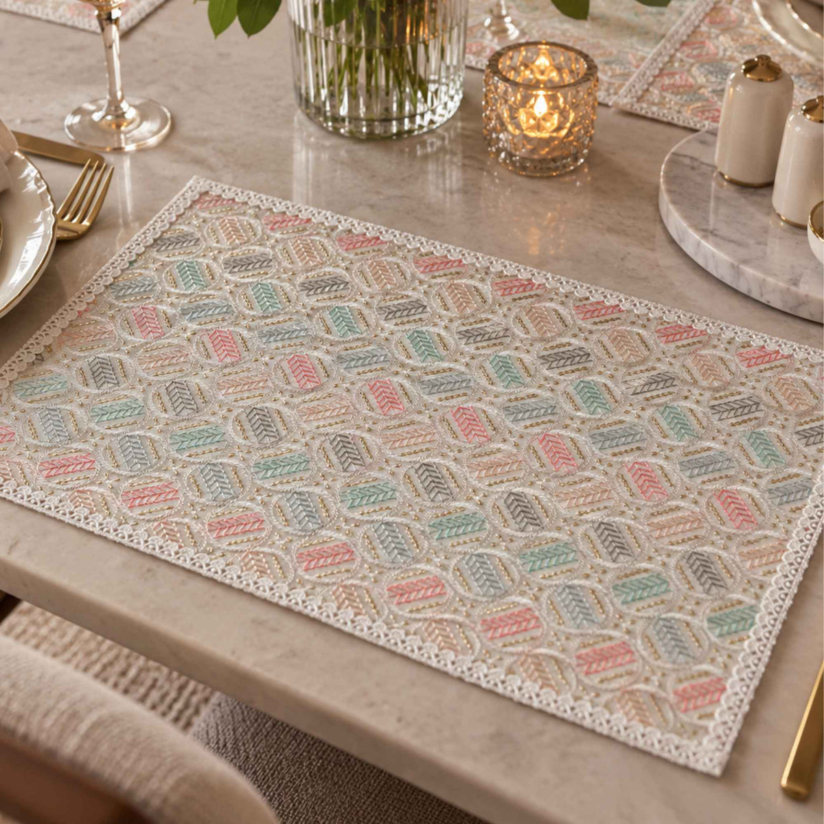 White laminated table mat set of 6 styled on a dining table by Supper & Scene.
