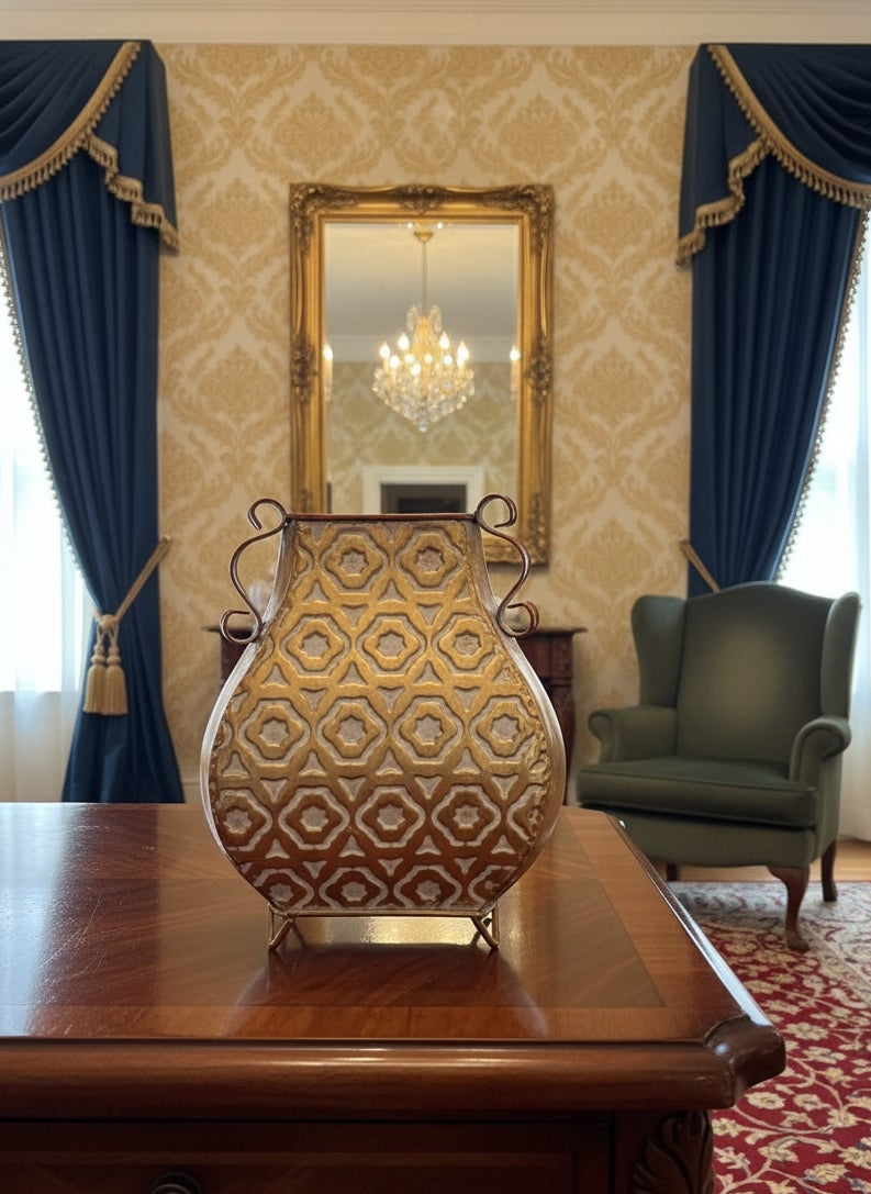 Decorative metal vase on a wooden table with a mirror, chair, and chandelier in the background by supper and scene