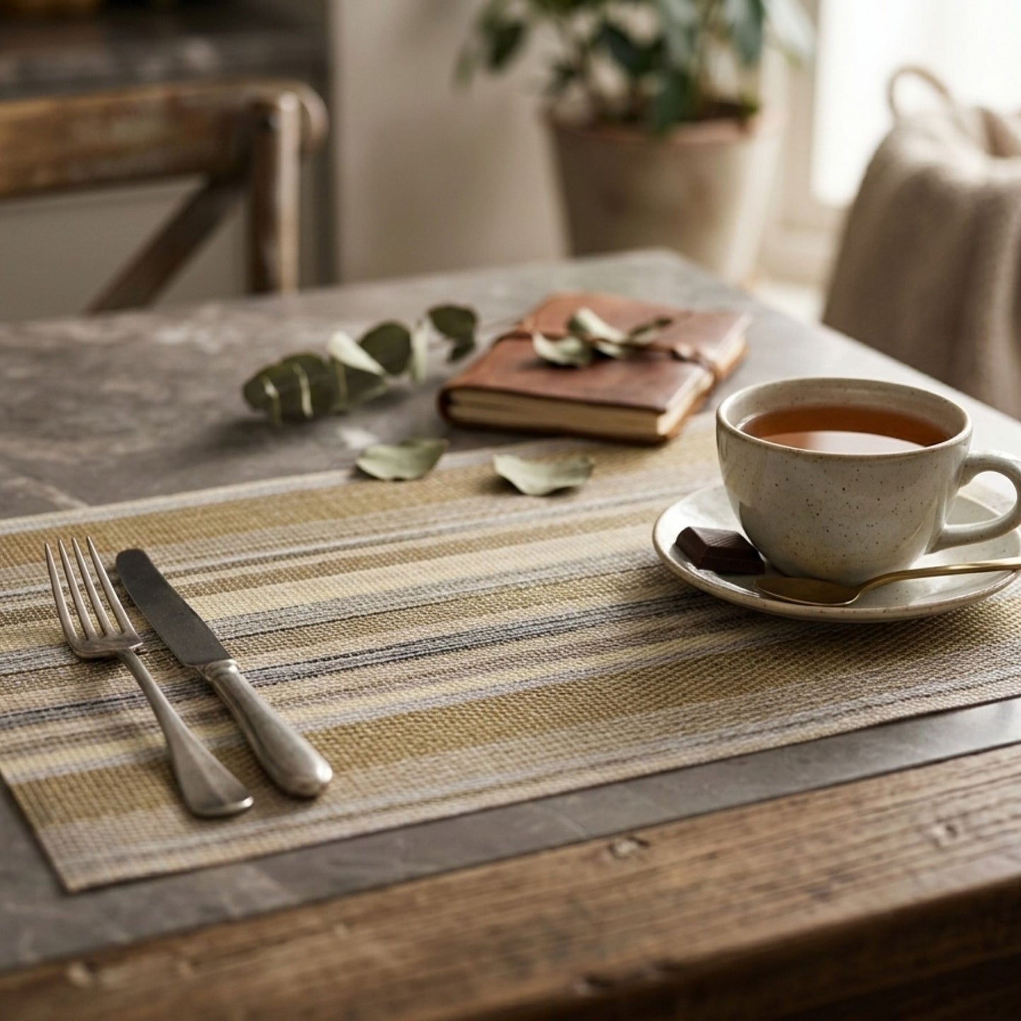 Wire mesh light multicolour rectangular dining placemat styled with plate and cutlery