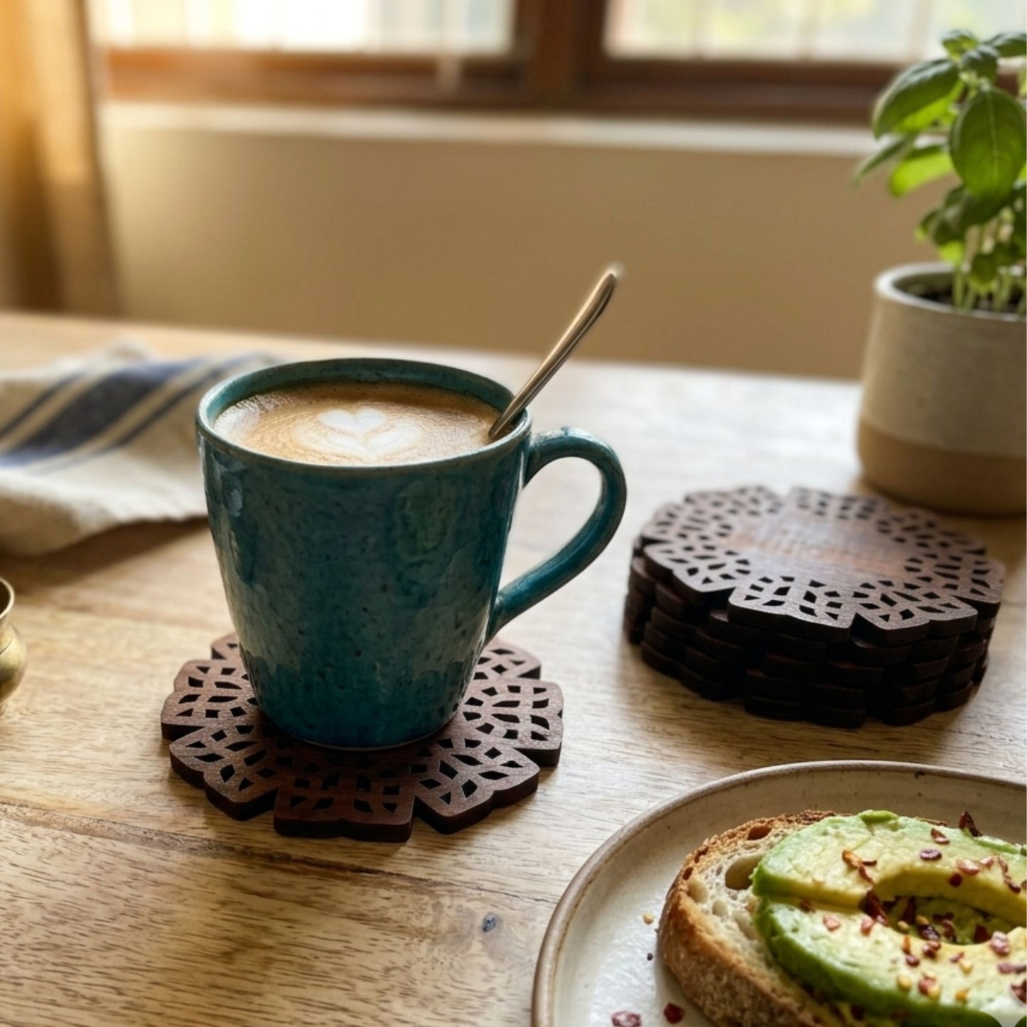 Brown wooden round cutwork coaster for coffee table coffee cups by Supper & Scene.