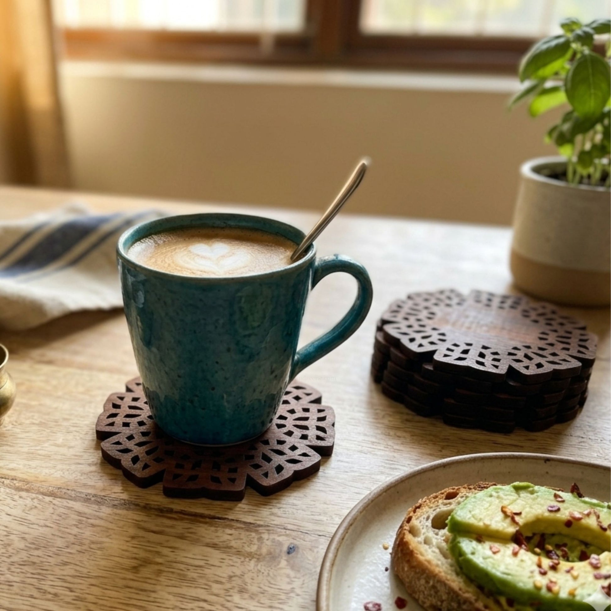 Brown wooden round cutwork coaster for coffee table coffee cups by Supper & Scene.
