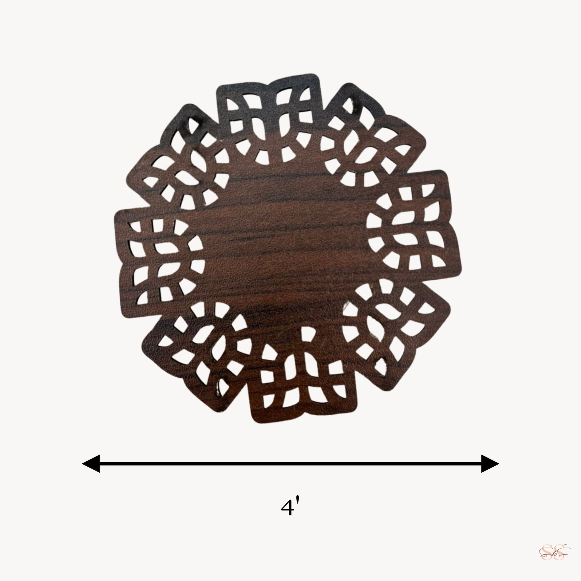 Brown wooden round cutwork coaster for coffee table and side table use by Supper & Scene.