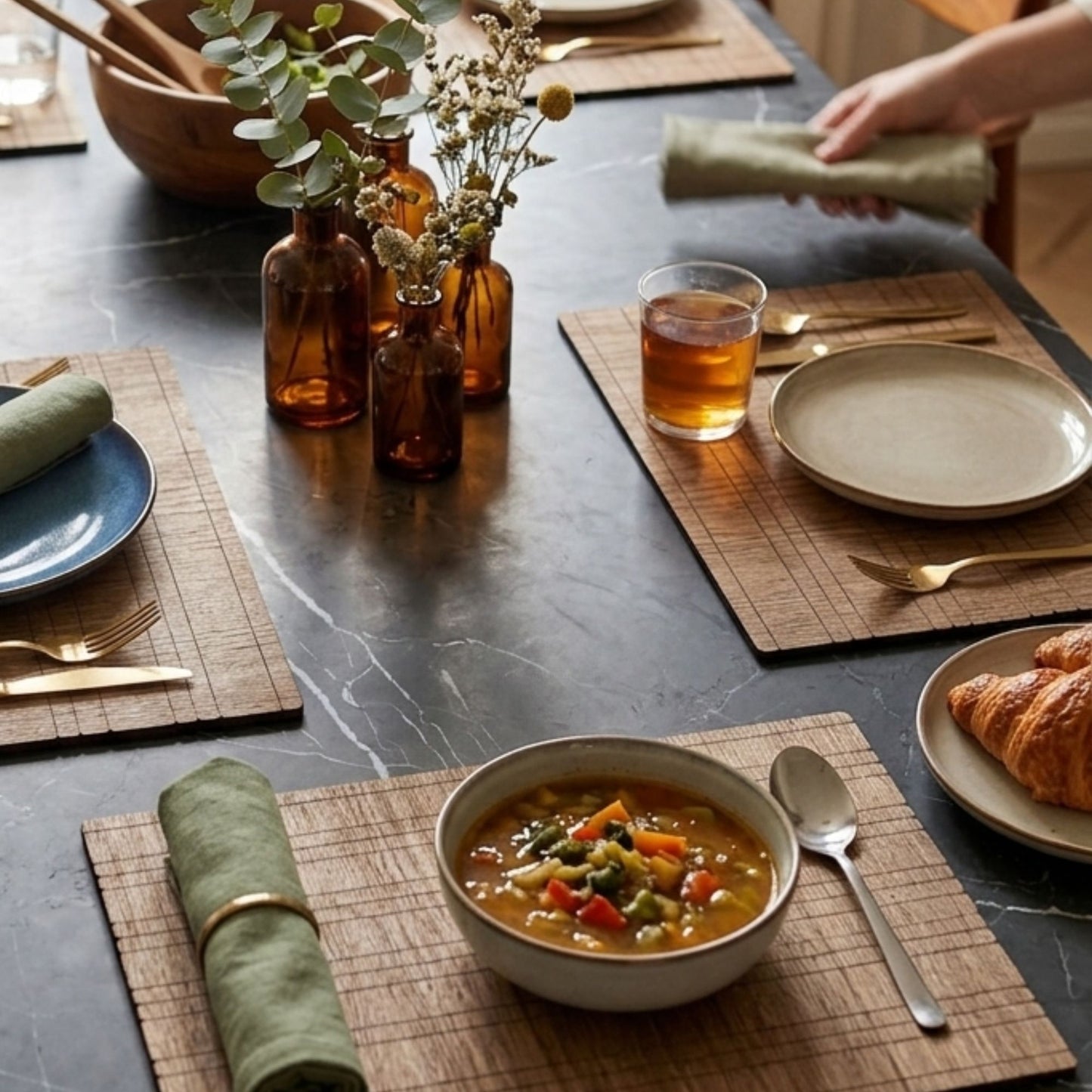 Natural wooden rectangular table mat set of 6 styled on a modern dining table by Supper & Scene.