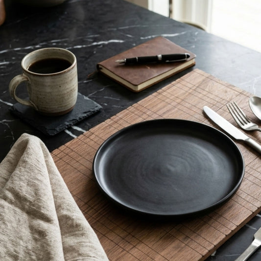 Close-up of a natural wooden rectangular table mat set of 6 for everyday dining by Supper & Scene.