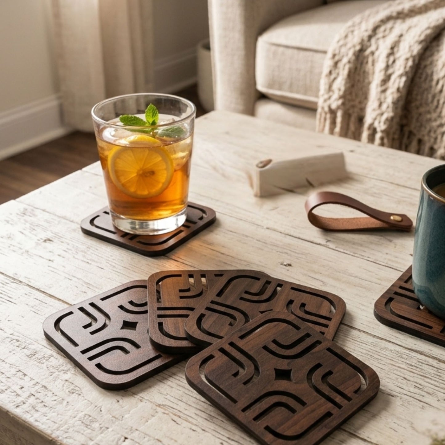 Brown wooden square cutwork coaster set for coffee table drinks by Supper & Scene.