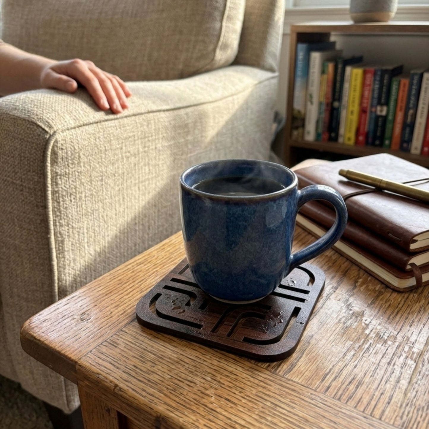 Brown wooden square cutwork coaster for side table coffee cups by Supper & Scene.