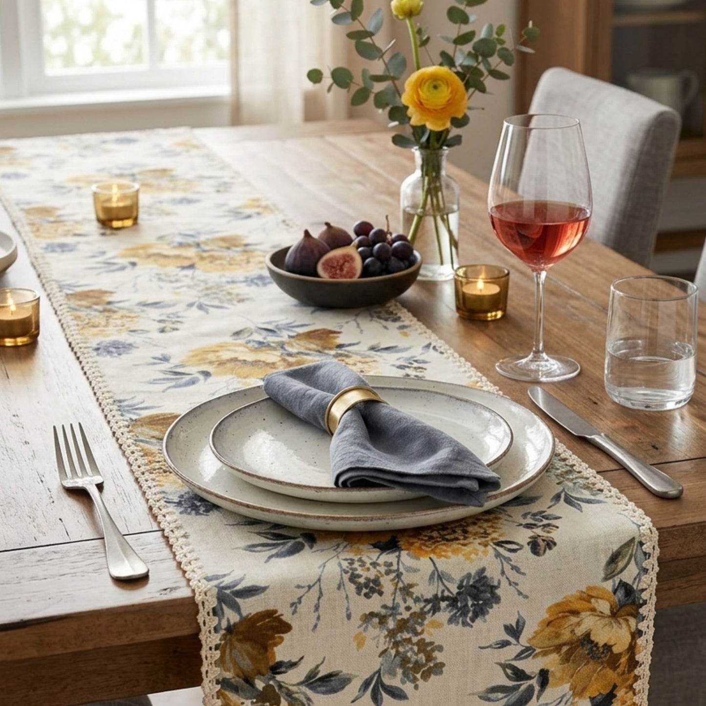 Mustard and blue floral printed table runner styled on wooden dining table with dinnerware
